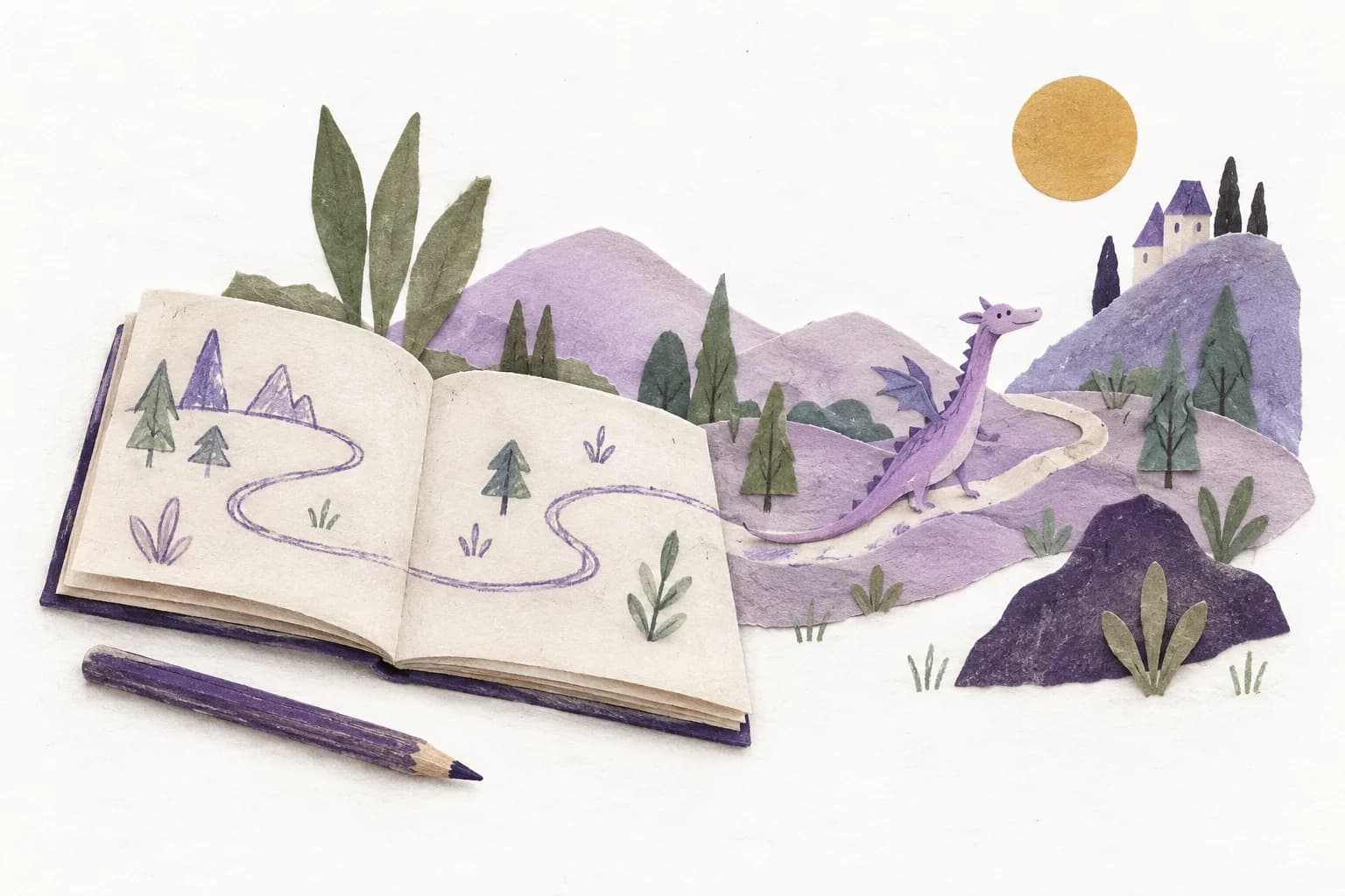 Chispita recorre un camino entre montañas de papel que nacen de un libro abierto.